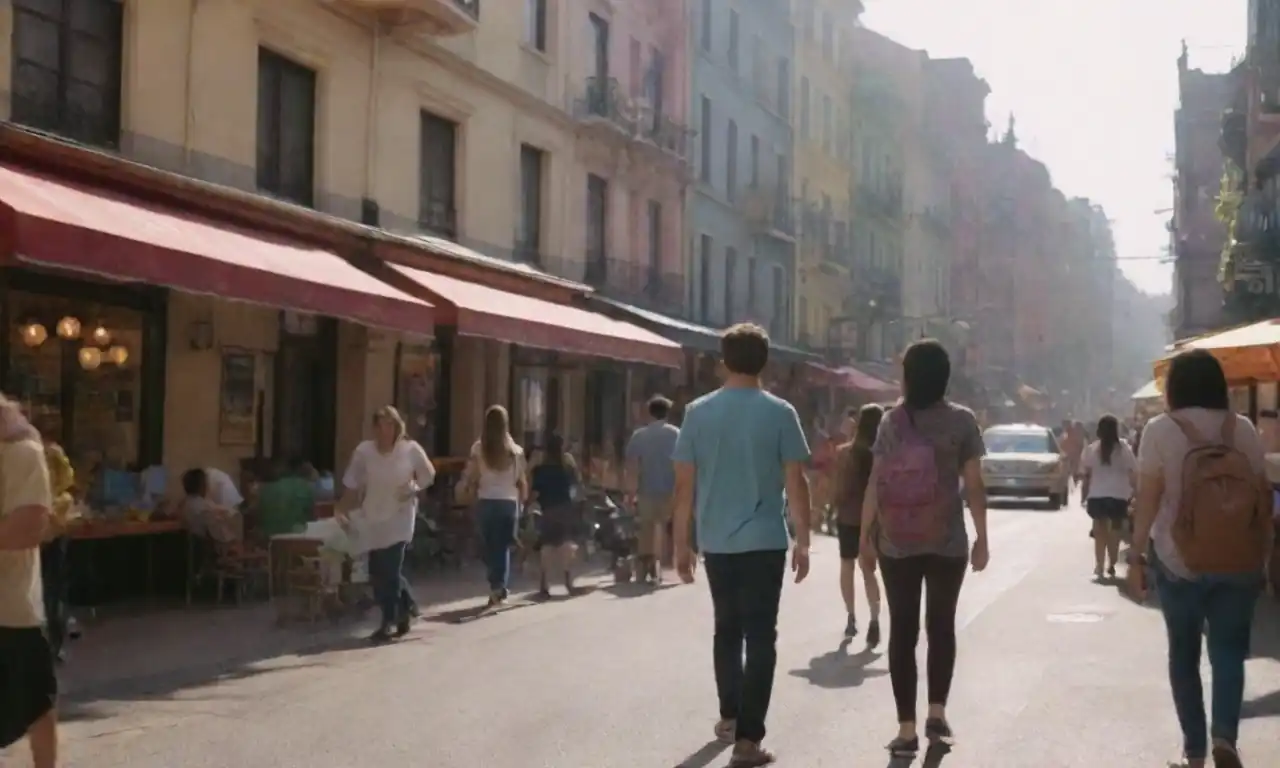 Una vibrante escena de la ciudad con jóvenes viajeros que disfrutan de atracciones y actividades locales.