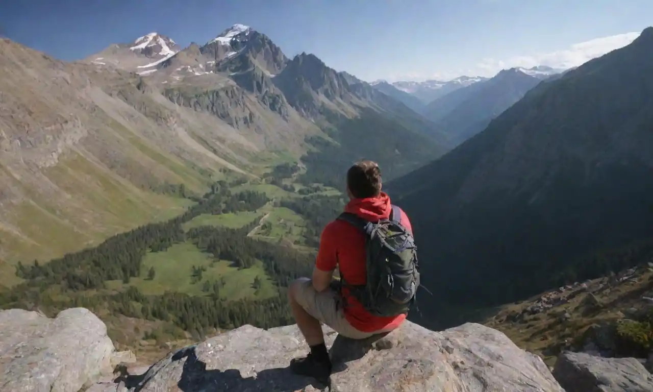 Un excursionista contemplando consejos de seguridad mientras rodeado de paisajes de montaña.