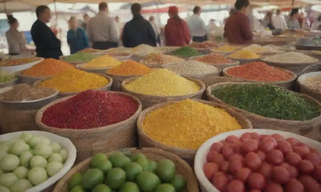 Una vibrante escena del mercado que muestra ingredientes locales tradicionales y platos únicos en la región.