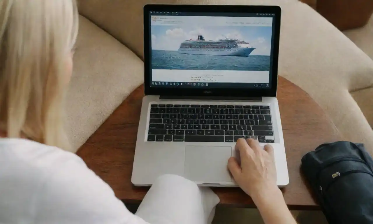 Una persona que compara las opciones de crucero en un portátil mientras está rodeada de materiales de viaje asequibles.