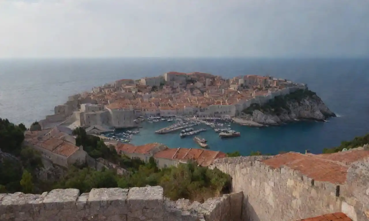 Antiguas paredes de piedra de Dubrovnik con vistas reales de la ciudad y el mar