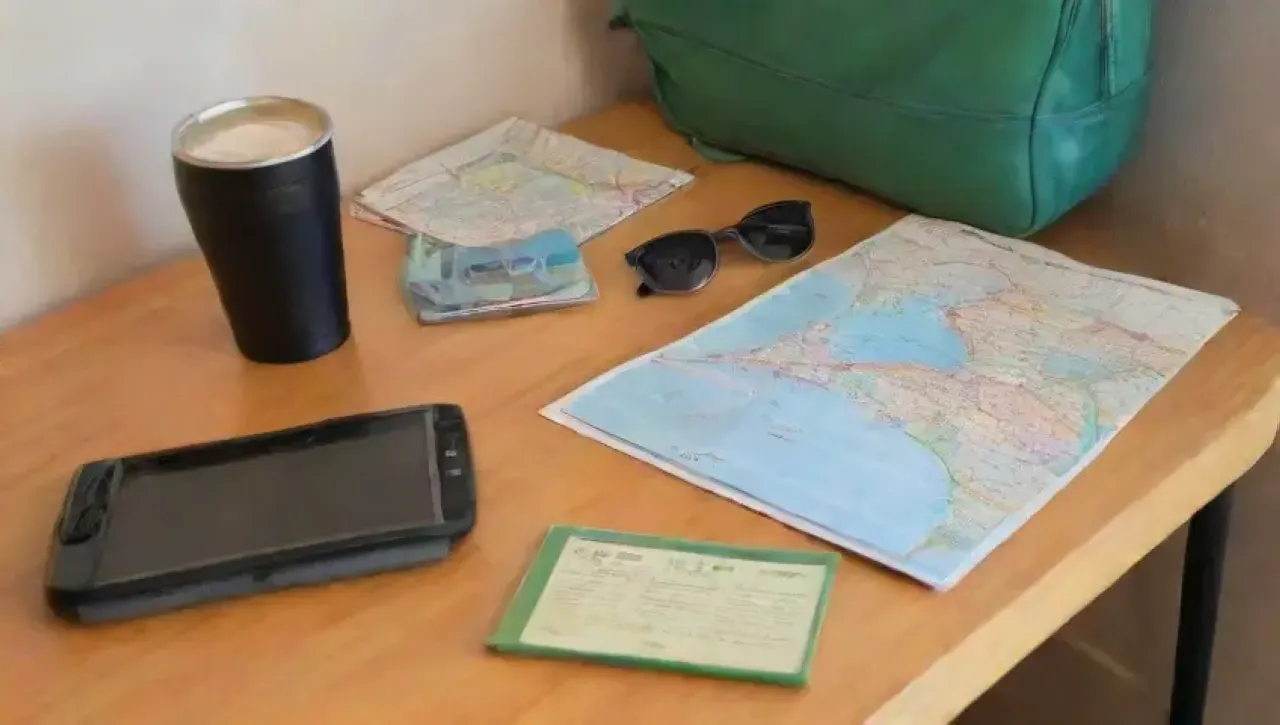 Un mapa vibrante con destinos marcados, una brújula vintage, una cámara, un laptop, café, una maleta abierta y una atmósfera de aventura