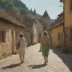 Viajero explorando un pintoresco pueblo a pie
