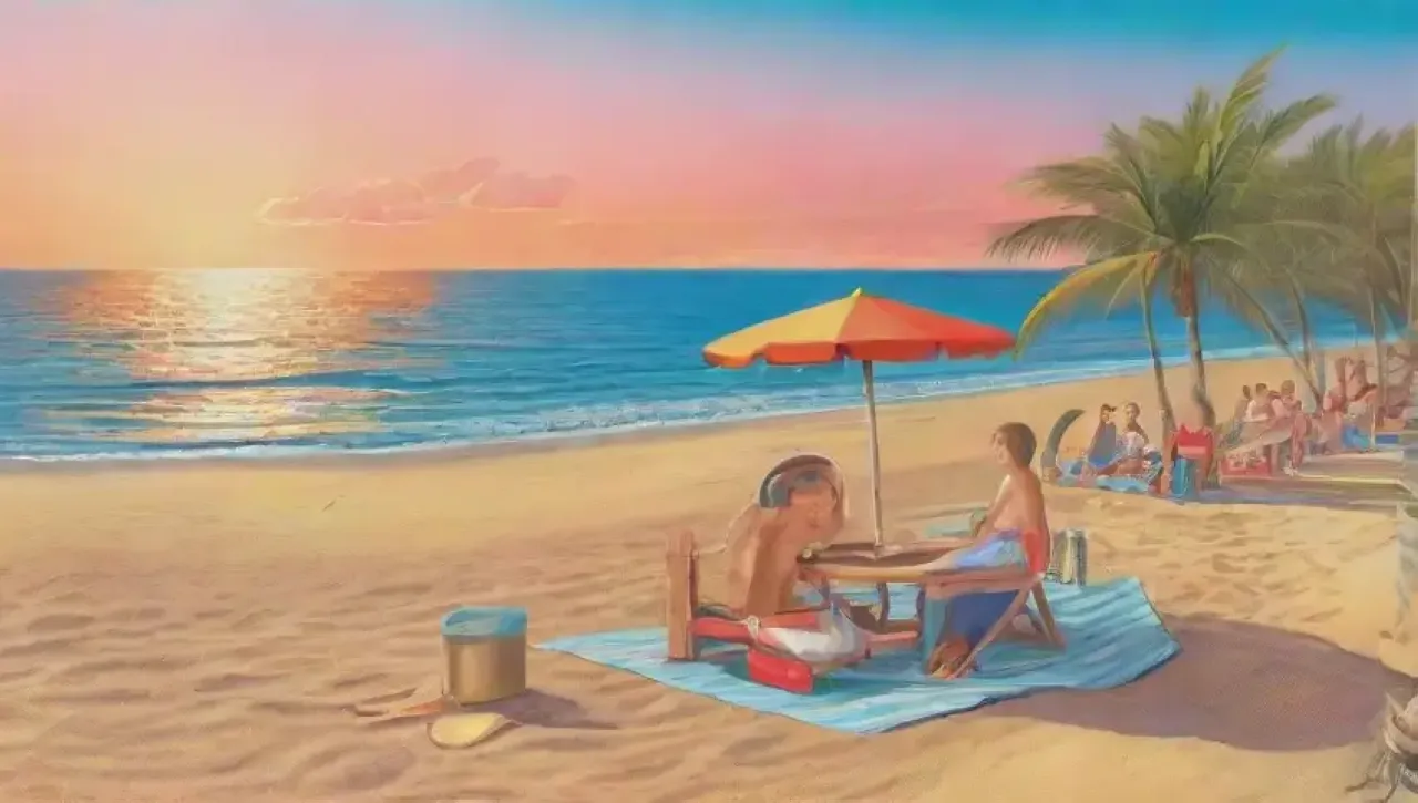 Una escena playera vibrante con arena dorada, olas turquesas, sombrillas coloridas y momentos de diversión y planificación