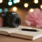 Un cuaderno y cámara sobre una mesa