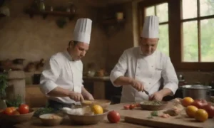 Chef preparando platos tradicionales en una cocina rústica