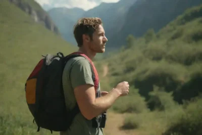 Viajero solo interactuando con la naturaleza