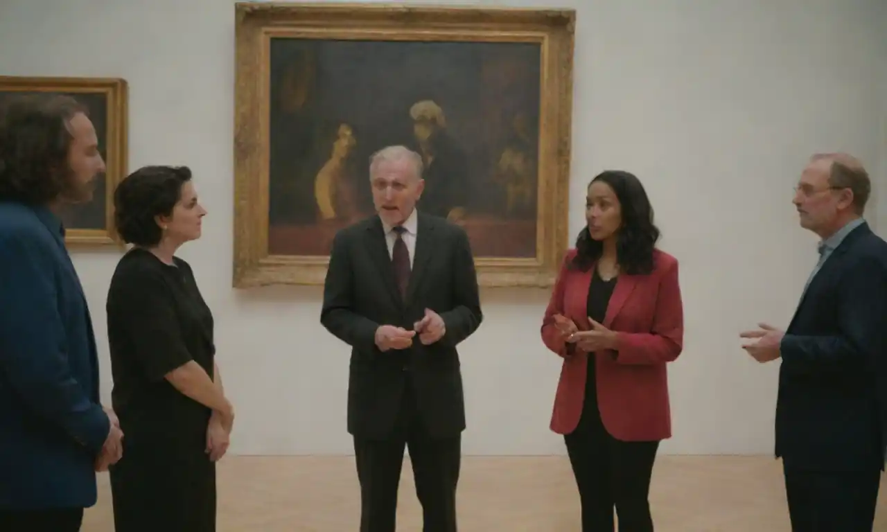 Un grupo diverso que discute el arte en un entorno museo moderno, reflexionando sobre perspectivas críticas.