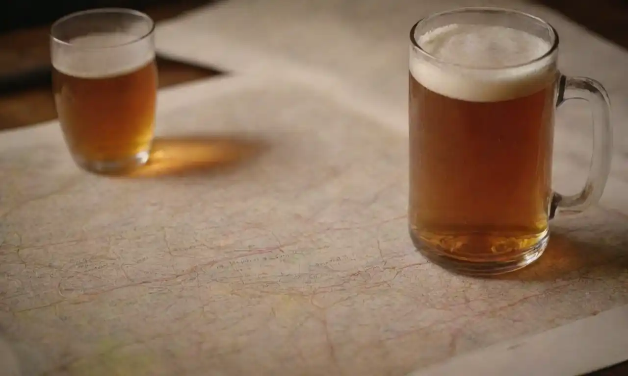Mapa con destacadas ubicaciones de cervecería con una taza de cerveza y notas itinerarias.