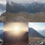 Collage de famosos montañistas con citas y fondos escénicos de montaña.