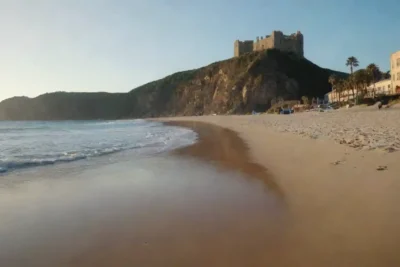 Una playa pintoresca rodeada de monumentos históricos y artefactos culturales.