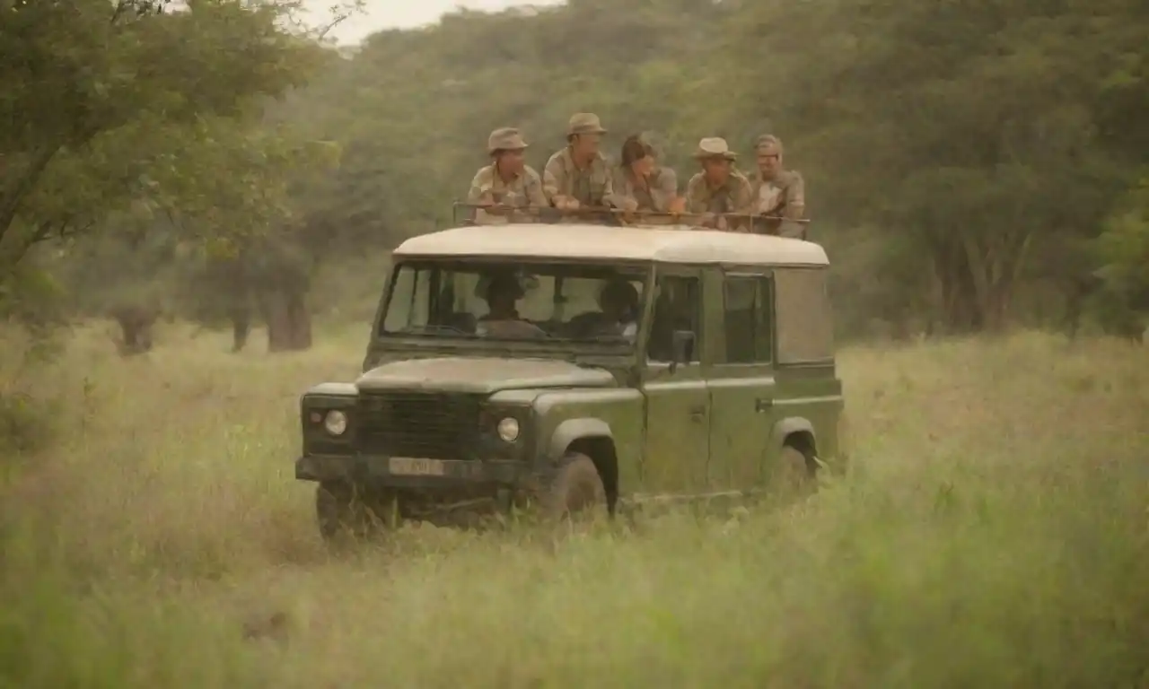Un grupo de personas discutiendo alrededor de un vehículo safari abierto en medio de la fauna exuberante en la vegetación.