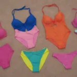 Una selección de trajes de baño vibrantes mostrados en un entorno de playa con consejos útiles cerca.
