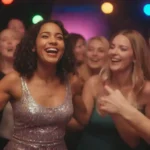 Grupo de amigos bailando y riéndose de una fiesta vibrante con luces coloridas.