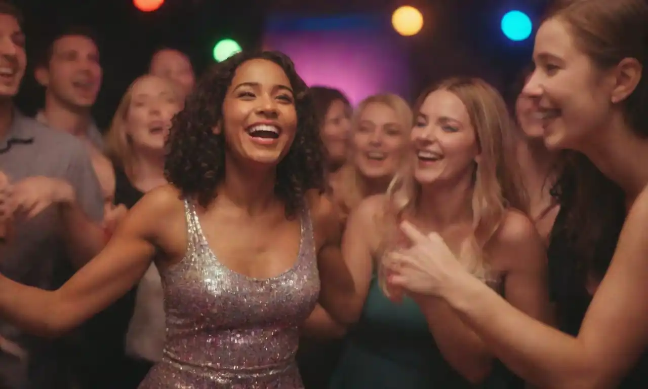 Grupo de amigos bailando y riéndose de una fiesta vibrante con luces coloridas.