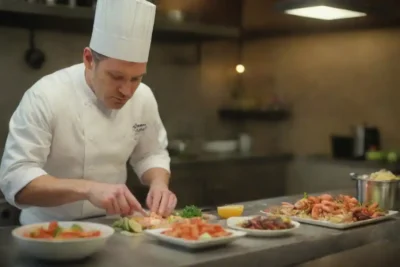 Un chef preparar hábilmente un plato de mariscos en una cocina vibrante llena de ingredientes frescos.