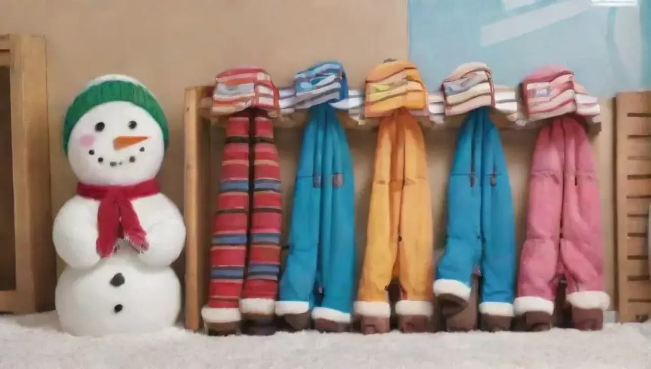Un acogedor rincón invernal lleno de chaquetas, botas, gorros, bufandas, guantes, un trineo, una mochila, capas térmicas, fotos familiares, nieve en las paredes, una chimenea, listas de empaque, un mapa, tazas de chocolate caliente, un muñeco de nieve y luces brillantes