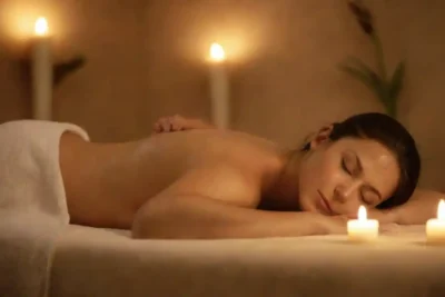 Persona recibiendo un masaje en un ambiente de spa sereno con iluminación suave y decoración calmante.