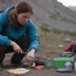 Persona organizando equipo de camping y limpiando un camping de montaña.